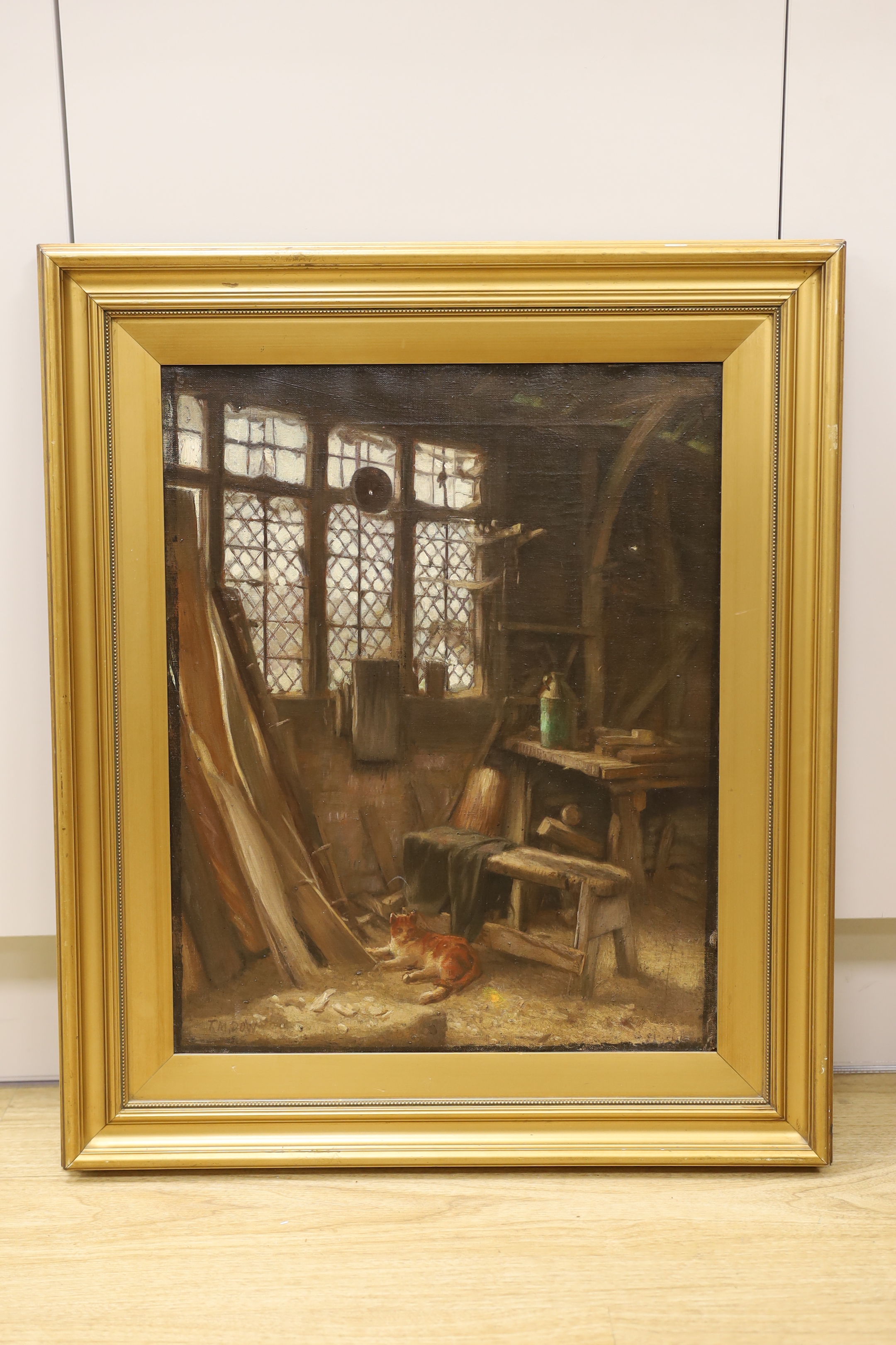 T. M. Dow, oil on canvas, Interior scene with cat, signed, 50 x 40cm, gilt framed